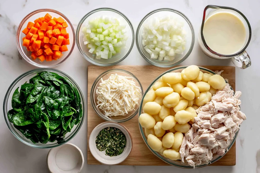 Overhead ingredients for Olive Garden Chicken Gnocchi Soup arranged in glass bowls