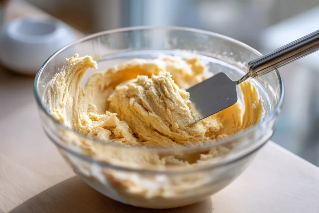 Creaming butter and sugars for one cookie dough in a mixing bowl