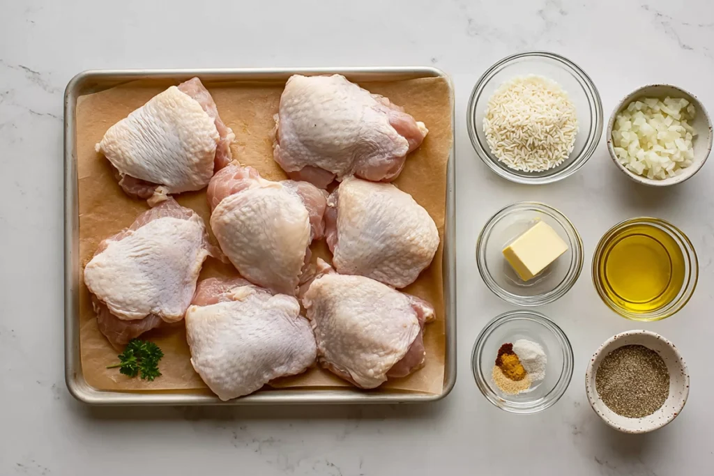 Ingredients for One-Pot Chicken and Rice arranged on a kitchen counter