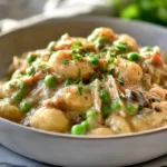 Hero shot of One Pot Gnocchi Chicken Pot Pie with creamy sauce and tender gnocchi