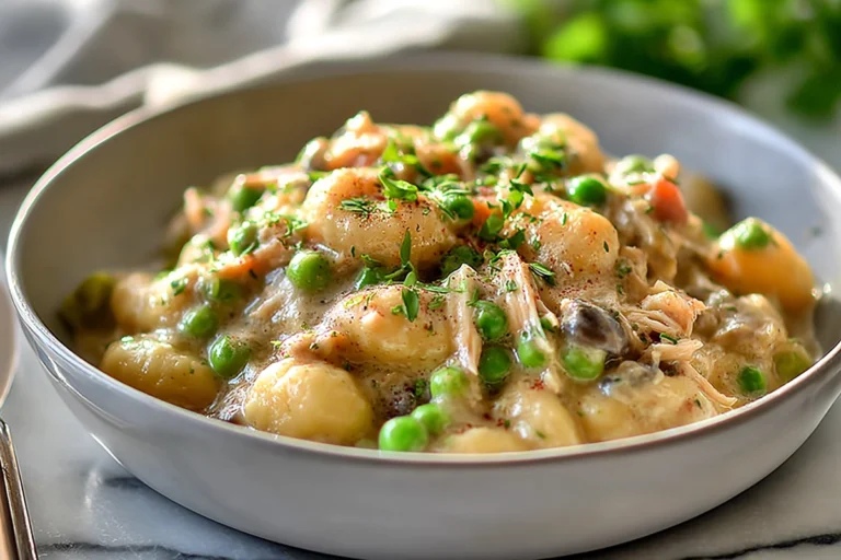 Hero shot of One Pot Gnocchi Chicken Pot Pie with creamy sauce and tender gnocchi