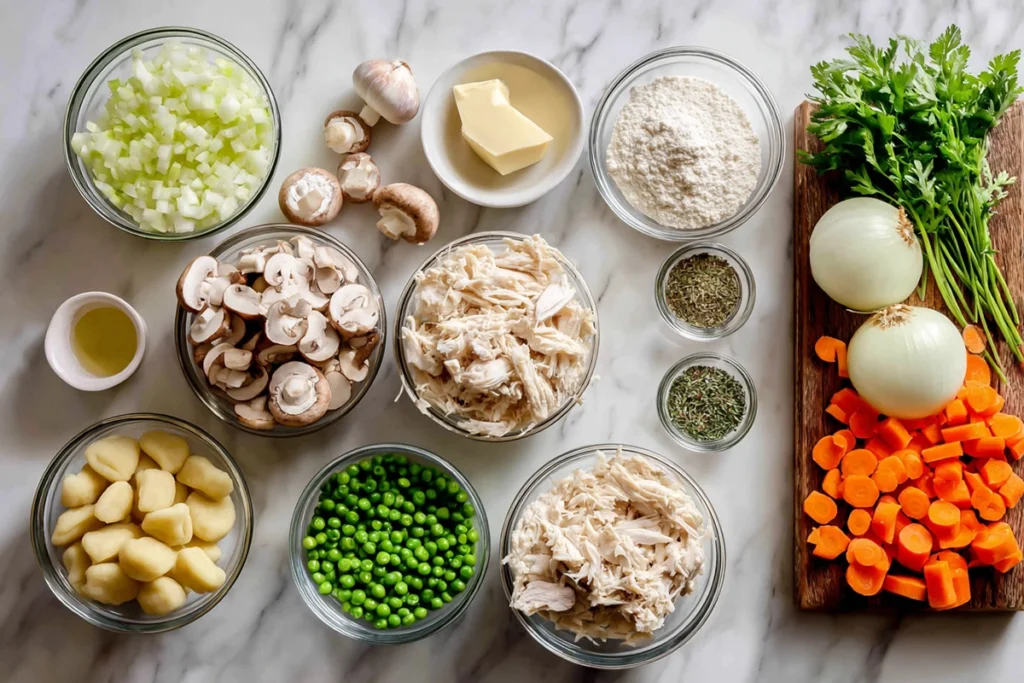 Overhead ingredients layout for One Pot Gnocchi Chicken Pot Pie featuring fresh vegetables and gnocchi