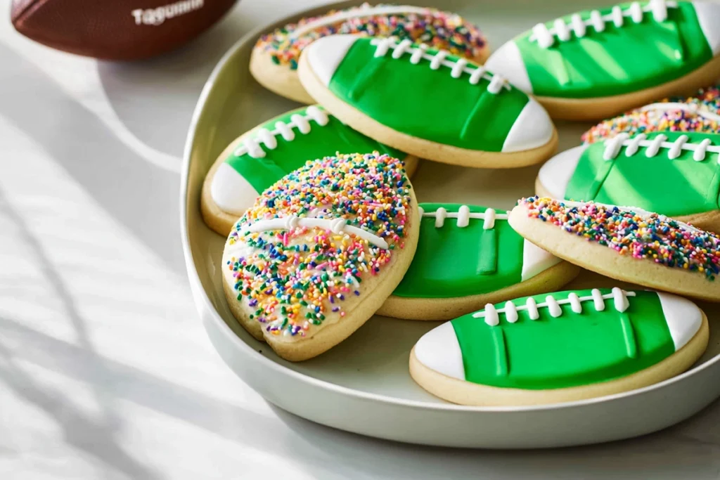 final serving presentation of Football Stadium Sugar Cookies on modern board