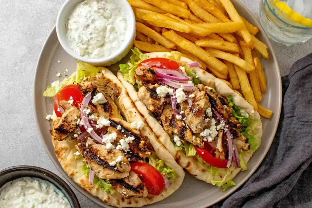 Open Greek Chicken Gyros with grilled chicken, fresh vegetables, and tzatziki sauce