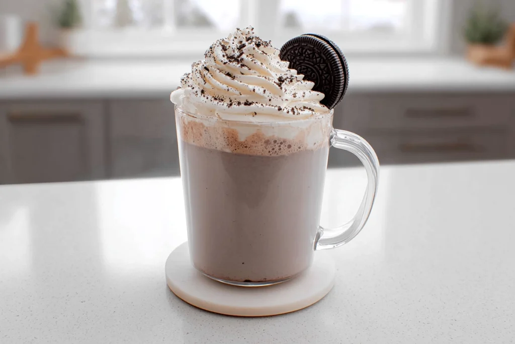 : Oreo Hot Chocolate topped with whipped cream and crushed Oreos in a modern kitchen