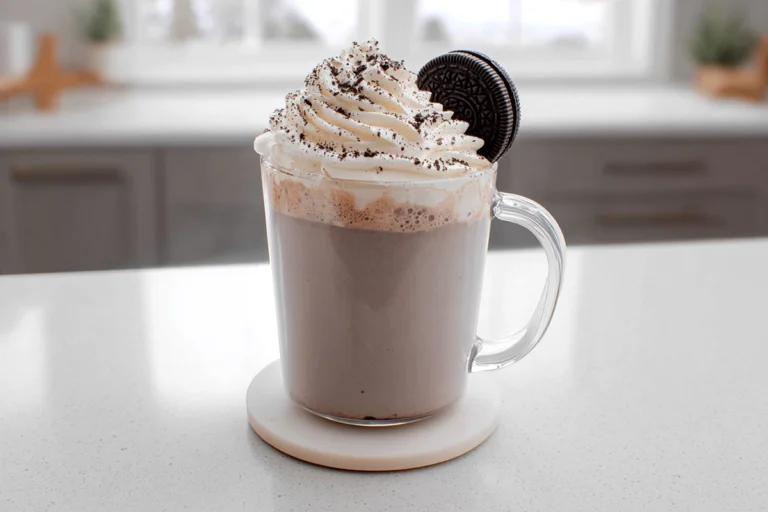 : Oreo Hot Chocolate topped with whipped cream and crushed Oreos in a modern kitchen