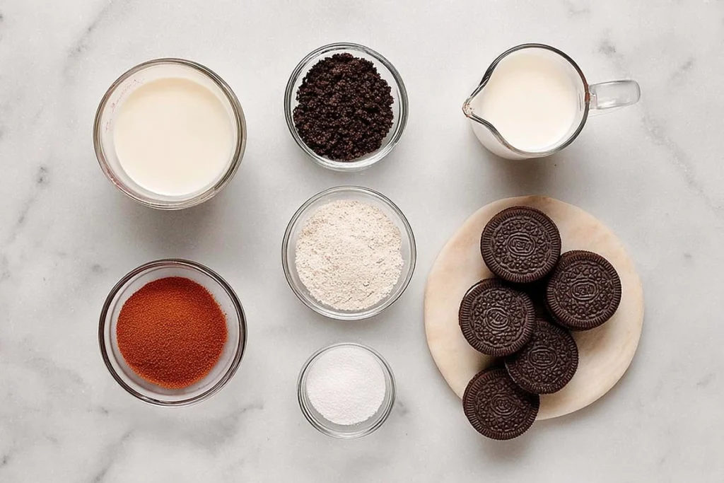 Ingredients for Oreo Hot Chocolate arranged neatly on a modern countertop