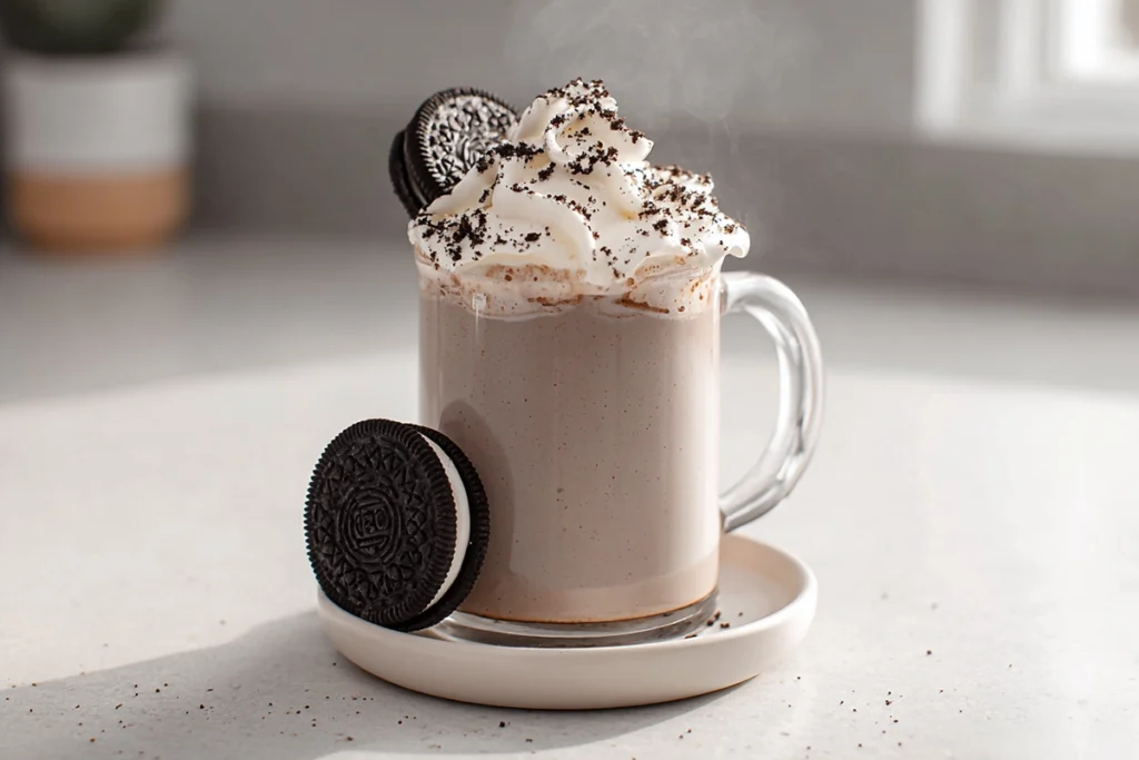 Serving Oreo Hot Chocolate with whipped cream and Oreo cookies