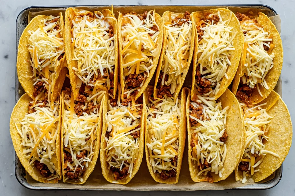 Assembling Oven-Baked Cheesy Tacos on a baking sheet before baking