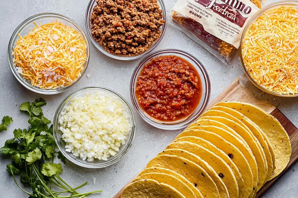 Ingredients for Oven-Baked Cheesy Tacos arranged on a modern kitchen counter