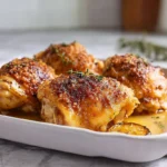 hero shot of crispy oven baked chicken thighs on a modern plate