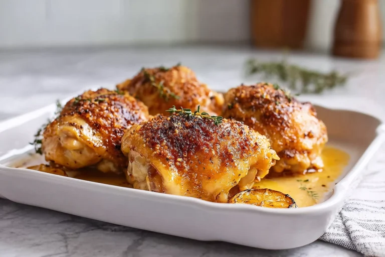 hero shot of crispy oven baked chicken thighs on a modern plate