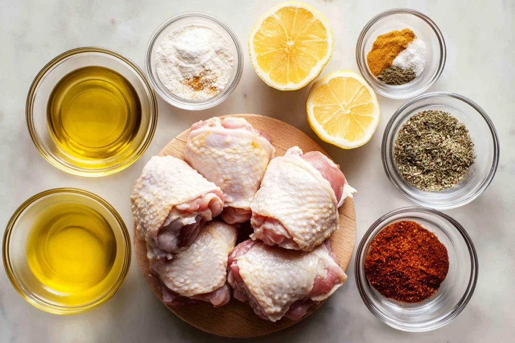 overhead view of ingredients for oven baked chicken thighs arranged in glass bowls