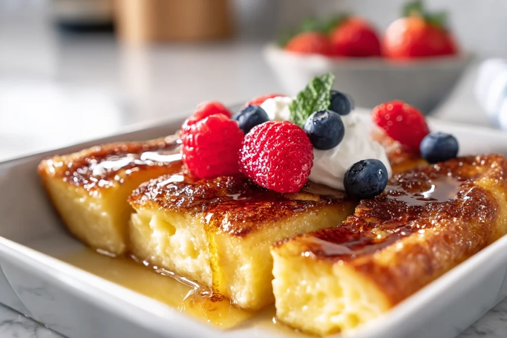 plated overnight crème brûlée french toast with caramelized top and berries on modern kitchen counter