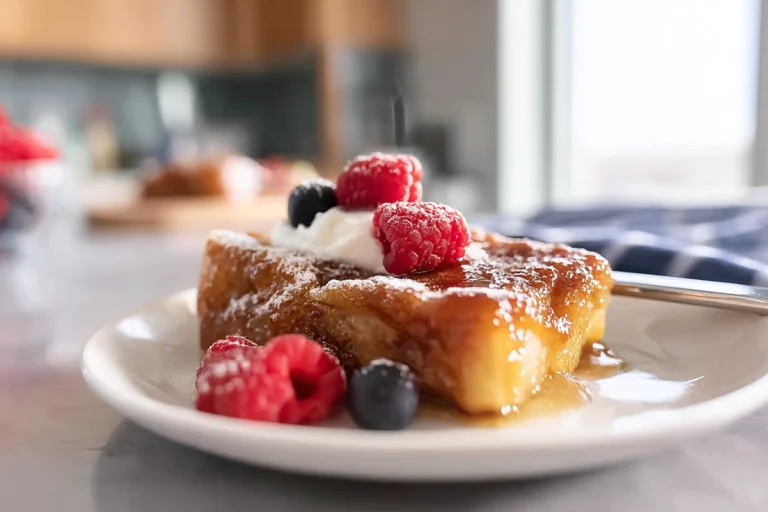 photorealistic overnight crème brûlée french toast on modern plate with berries and caramelized sugar topping