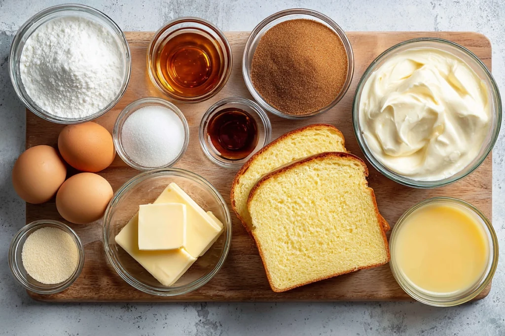 overhead shot of ingredients for overnight crème brûlée french toast including eggs, cream, bread, and sugar