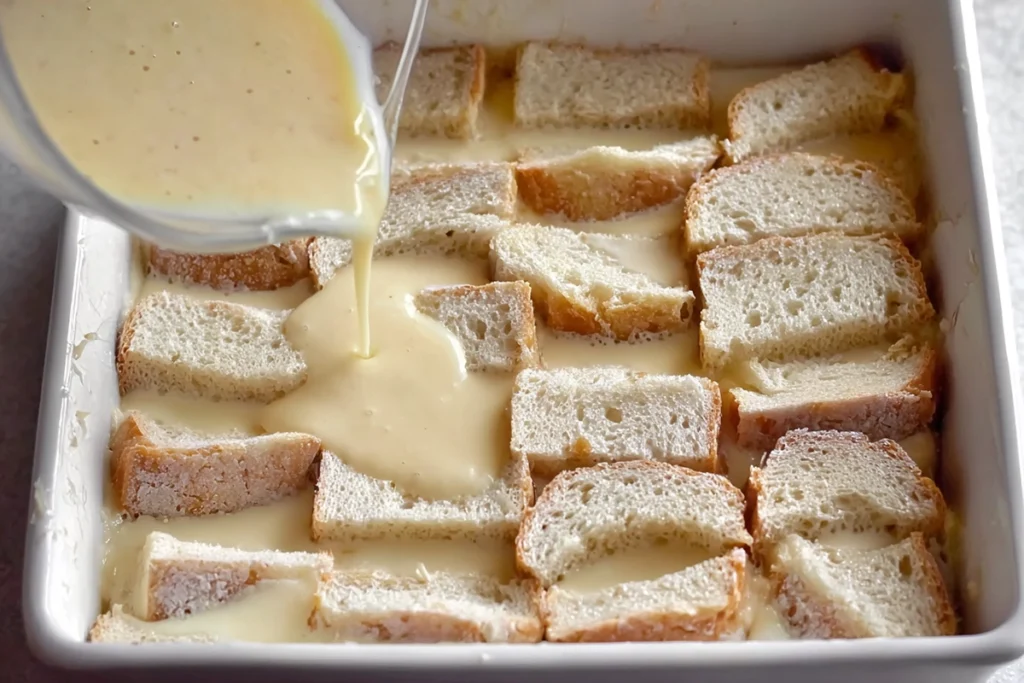 pouring custard over brioche bread for overnight crème brûlée french toast