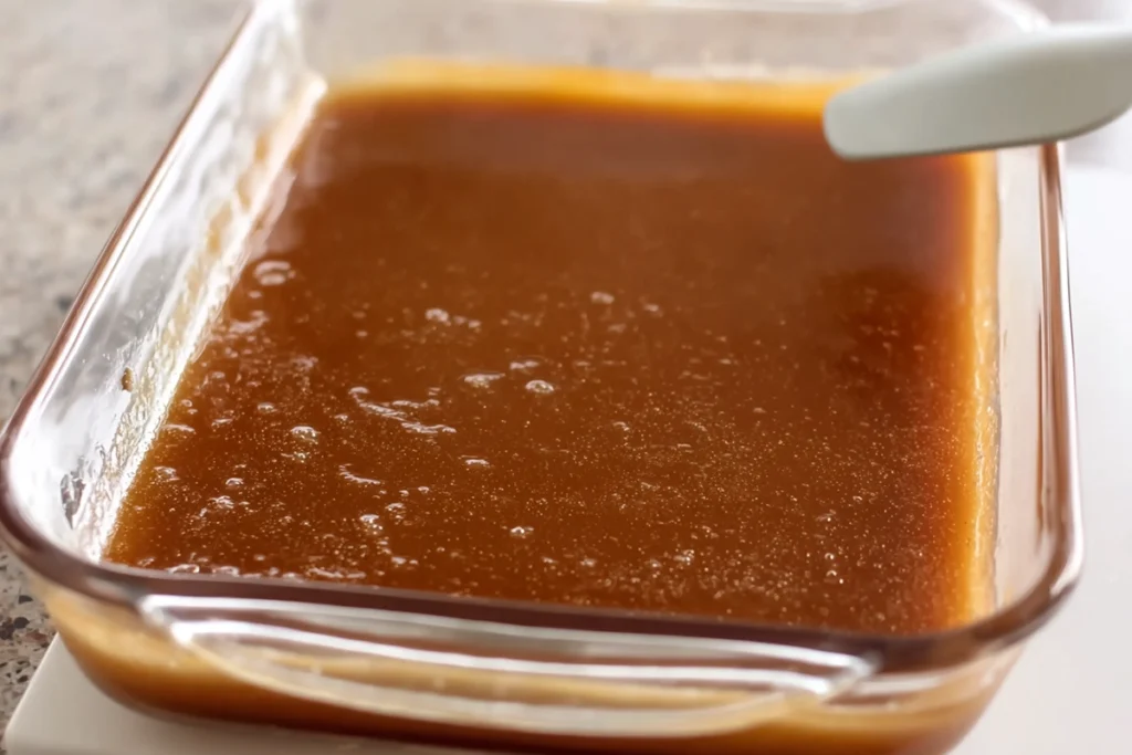 preparing caramel layer for overnight crème brûlée french toast in glass baking dish
