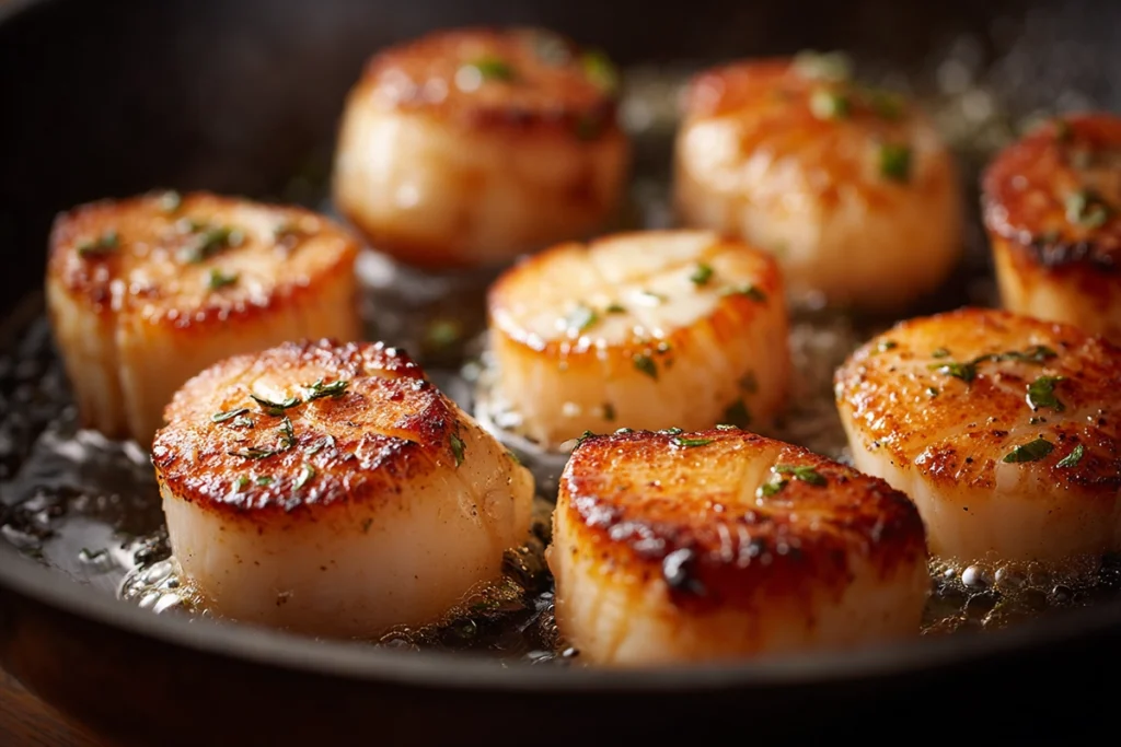 scallops searing in skillet for steak and scallops