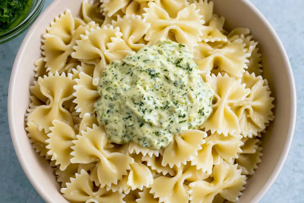 Chicken Pesto Pasta with a Creamy 30-Minute Sauce 8 Cooked pasta topped with creamy pesto sauce for Chicken Pesto Pasta