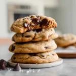 photorealistic PB chocolate chip cookies hero image on modern kitchen counter