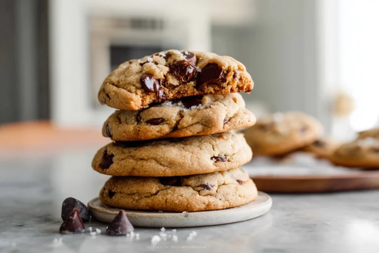photorealistic PB chocolate chip cookies hero image on modern kitchen counter