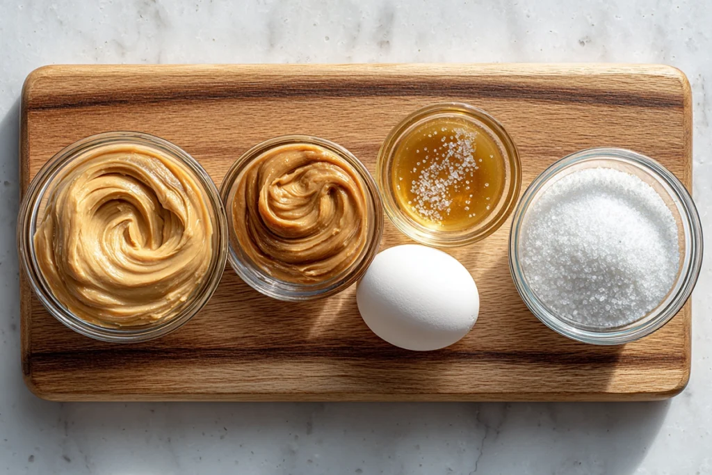 10overhead shot of ingredients for 4 ingredient peanut butter cookies in glass bowls