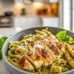 Photorealistic hero shot of pesto pasta with parmesan chicken in a modern kitchen