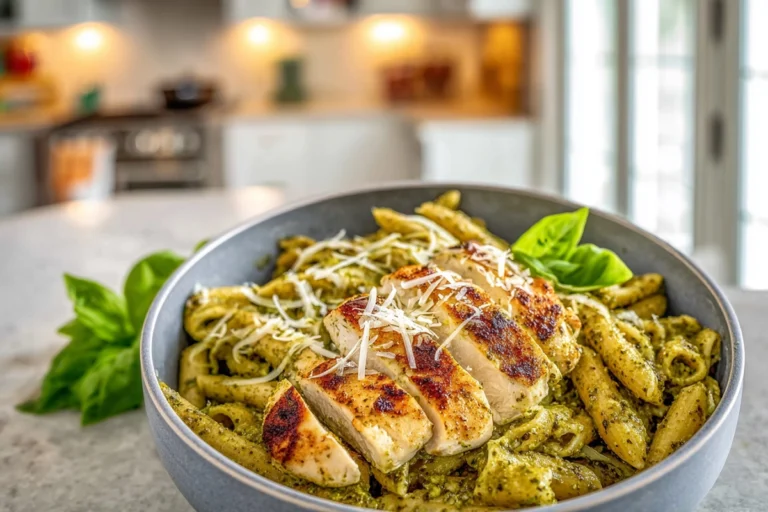 Photorealistic hero shot of pesto pasta with parmesan chicken in a modern kitchen