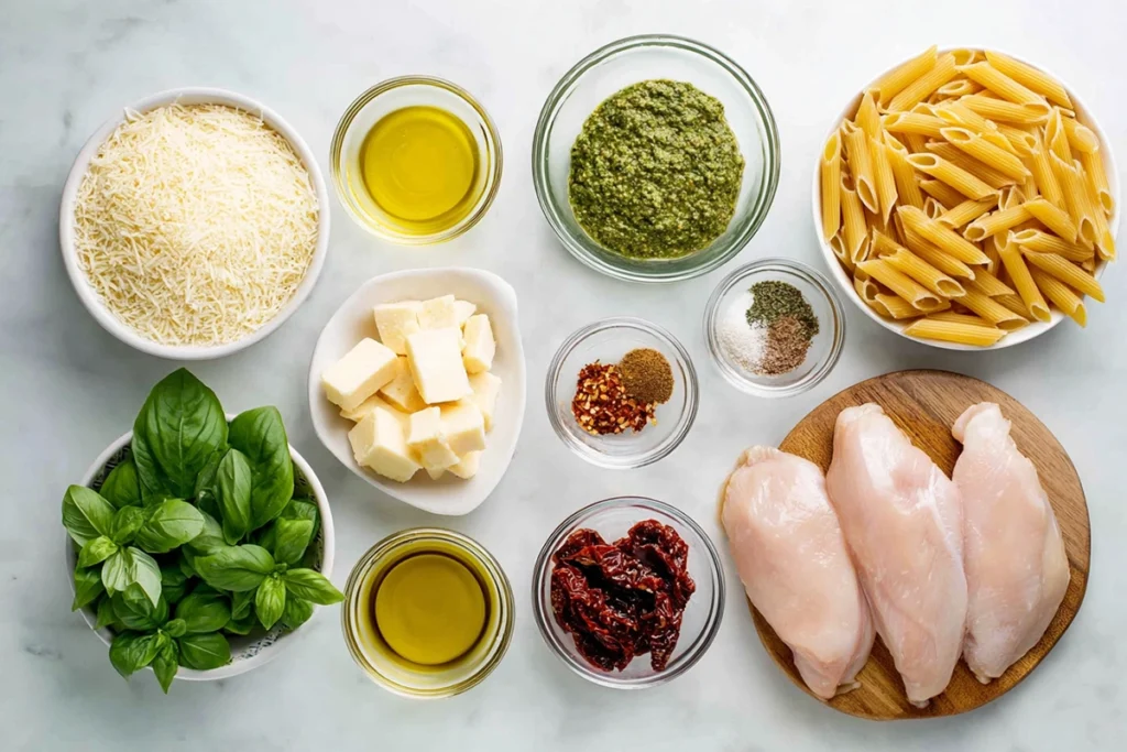 Overhead ingredients shot for pesto pasta with parmesan chicken in glass bowls and boards