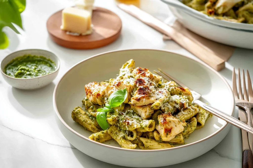 Serving presentation of pesto pasta with parmesan chicken in bright natural light