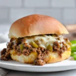 Hero shot of Philly Cheesesteak Sloppy Joes plated on a modern kitchen counter