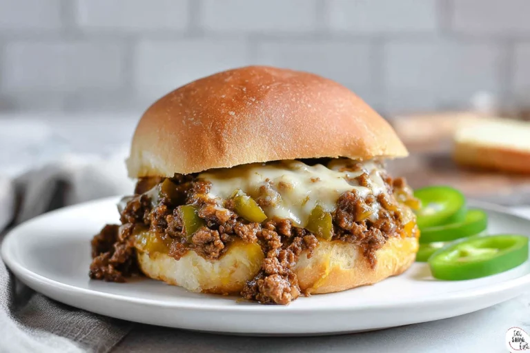 Hero shot of Philly Cheesesteak Sloppy Joes plated on a modern kitchen counter