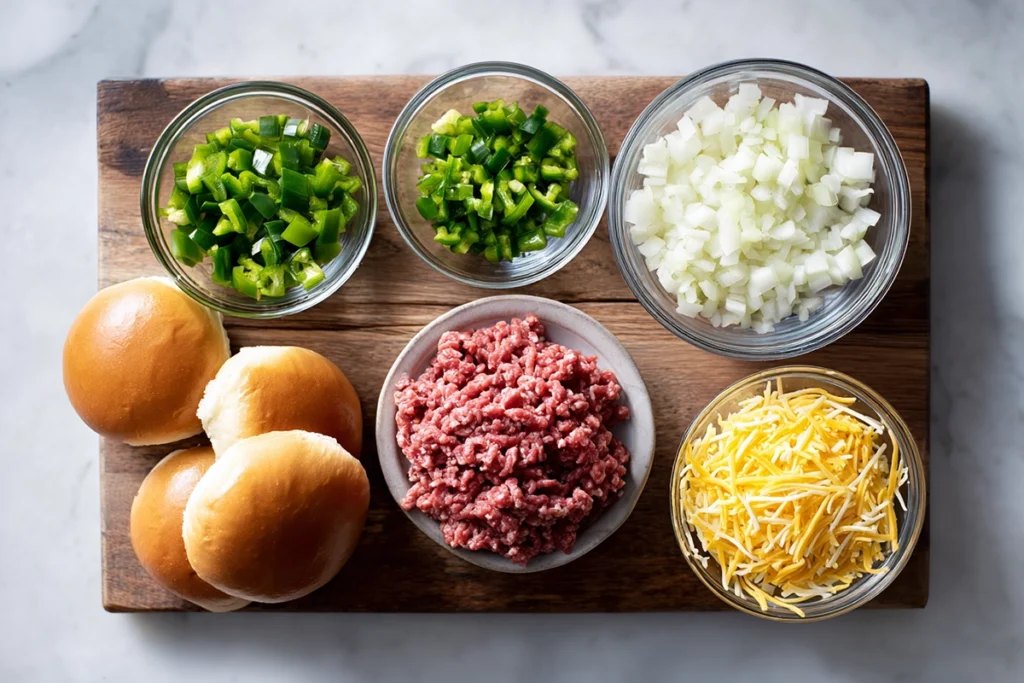 Overhead image of ingredients for Philly Cheesesteak Sloppy Joes arranged on a kitchen counter