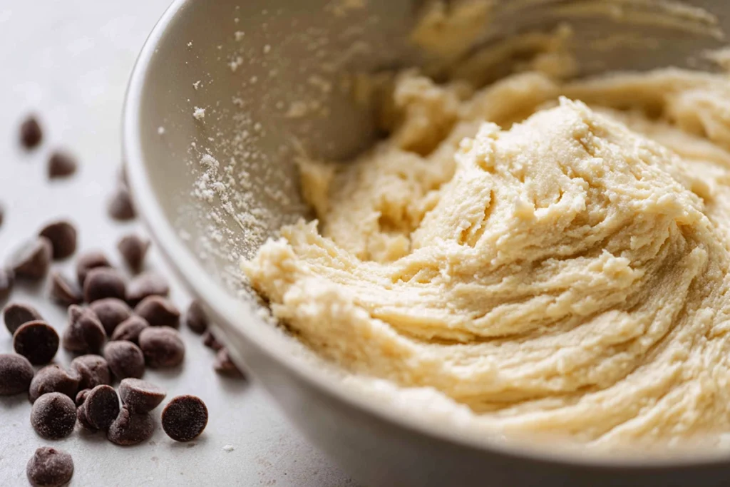 close-up batter preparation for dipped chocolate chip pizzelle cookies in modern kitchen