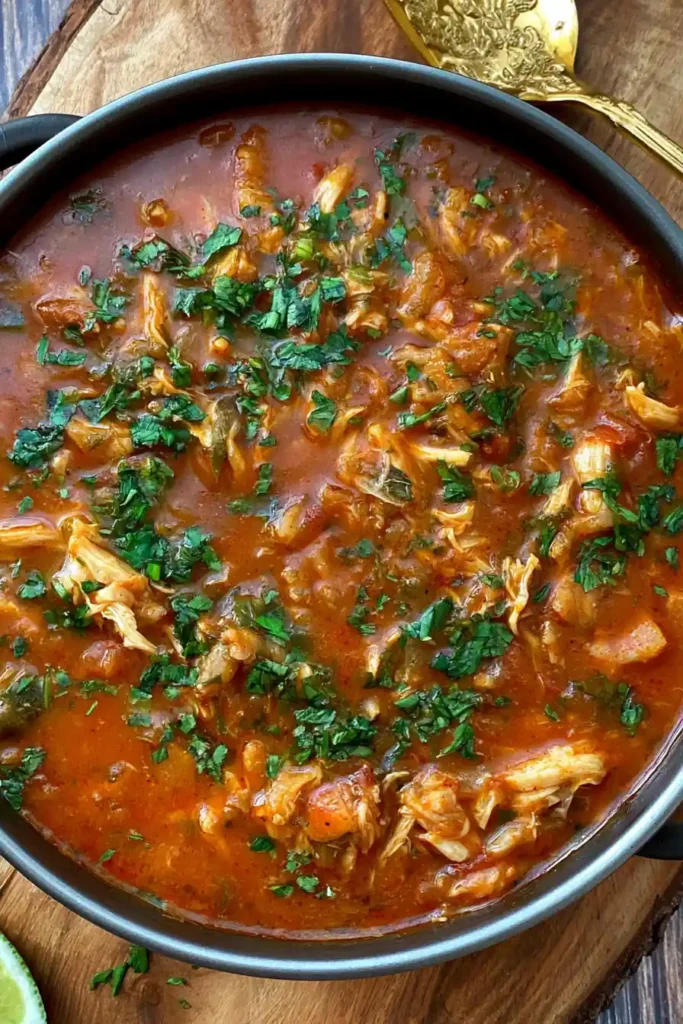 Poblano Chicken Tortilla Soup with Shredded Chicken and Vegetables 5 Close-up of thick poblano chicken tortilla soup with shredded chicken and softened vegetables