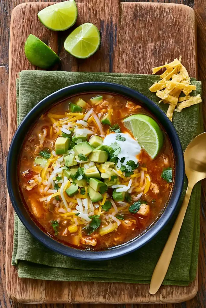 Poblano Chicken Tortilla Soup with Shredded Chicken and Vegetables 7 Finished poblano chicken tortilla soup with avocado, cheese, cilantro, tortilla strips, and lime
