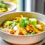 bowl of poblano chicken tortilla soup with crispy tortilla strips and fresh toppings