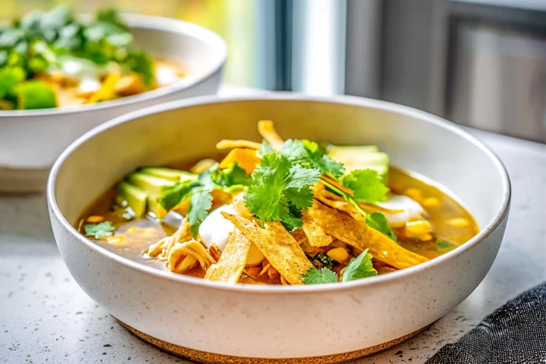 bowl of poblano chicken tortilla soup with crispy tortilla strips and fresh toppings