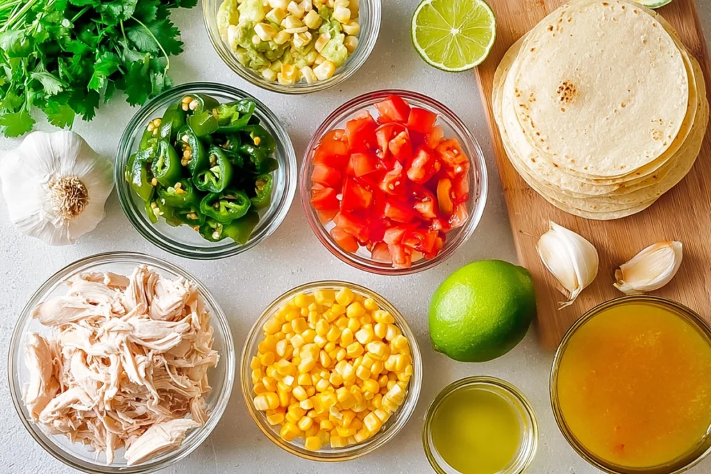 ingredients for poblano chicken tortilla soup arranged neatly on a kitchen counter