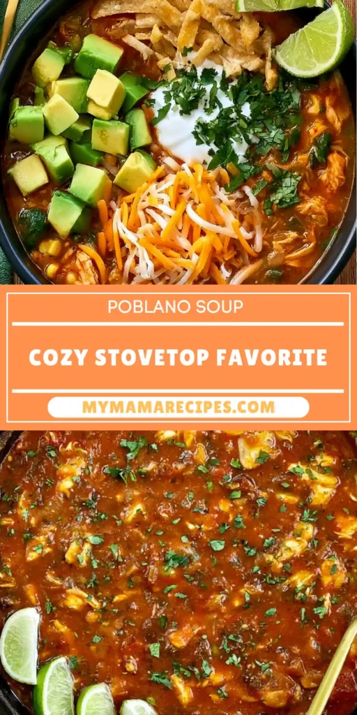 Poblano Chicken Tortilla Soup with Shredded Chicken and Vegetables 6 Poblano chicken tortilla soup recipe with avocado, cheese, cilantro, tortilla strips, and lime