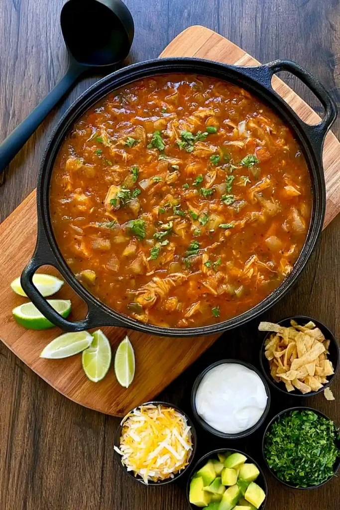 Poblano Chicken Tortilla Soup with Shredded Chicken and Vegetables 3 Poblano chicken tortilla soup in a black pan with lime wedges and assorted toppings