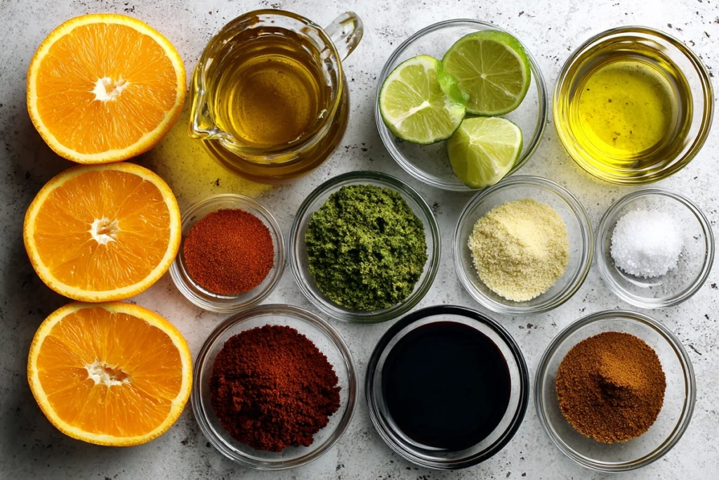 Ingredients for Pollo Asado Chicken Marinade arranged overhead
