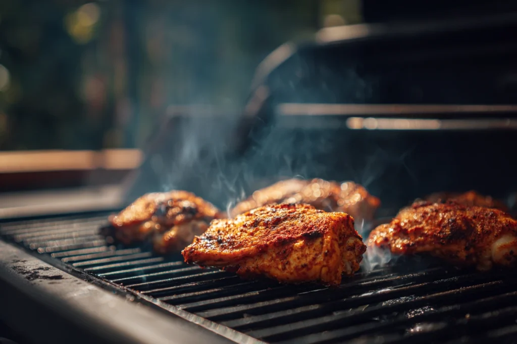 Pollo asado sizzling on the grill with smoky citrus marinade