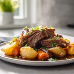 Pot roast slow cooker recipe with tender beef, carrots, and potatoes on a modern plate