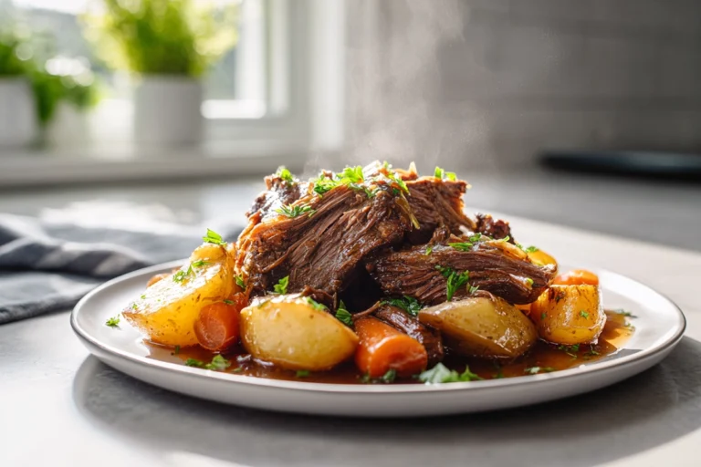 Pot roast slow cooker recipe with tender beef, carrots, and potatoes on a modern plate