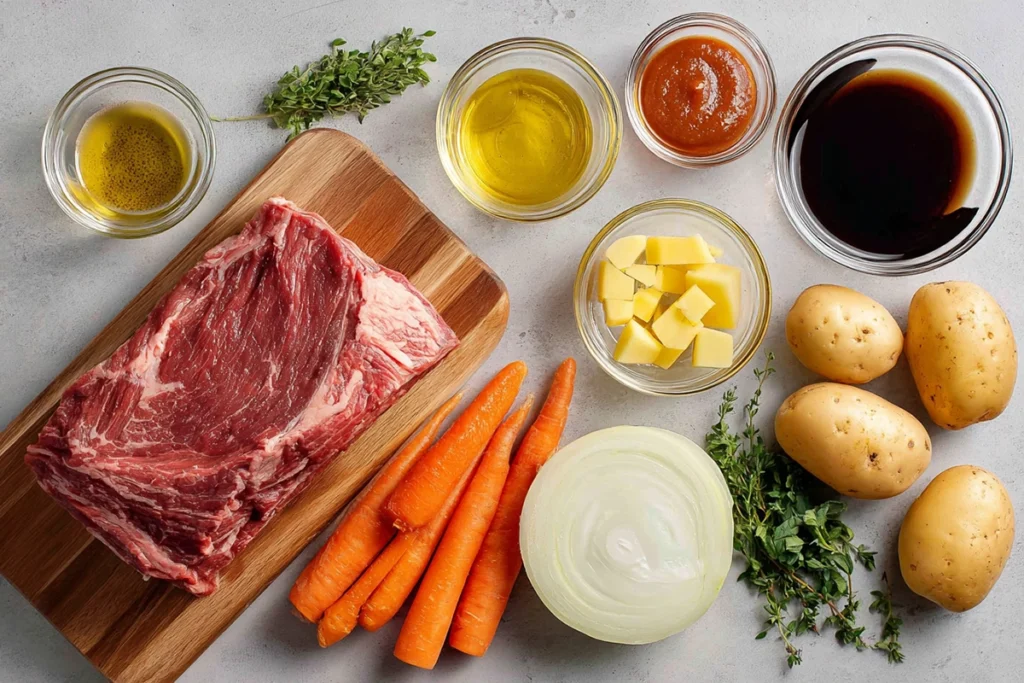 Ingredients for pot roast slow cooker recipe arranged neatly on a modern countertop