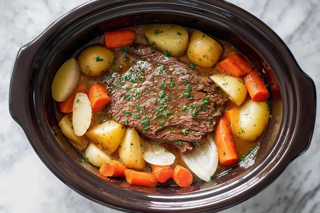 Layering vegetables and beef in a slow cooker for pot roast slow cooker recipe