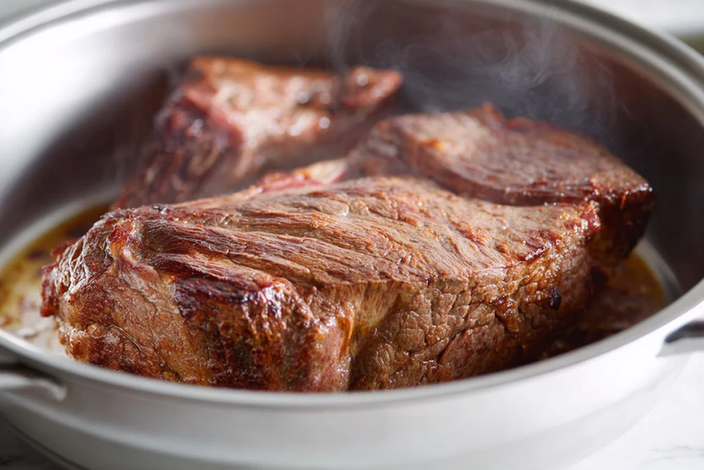 Searing beef for pot roast slow cooker recipe in a modern skillet