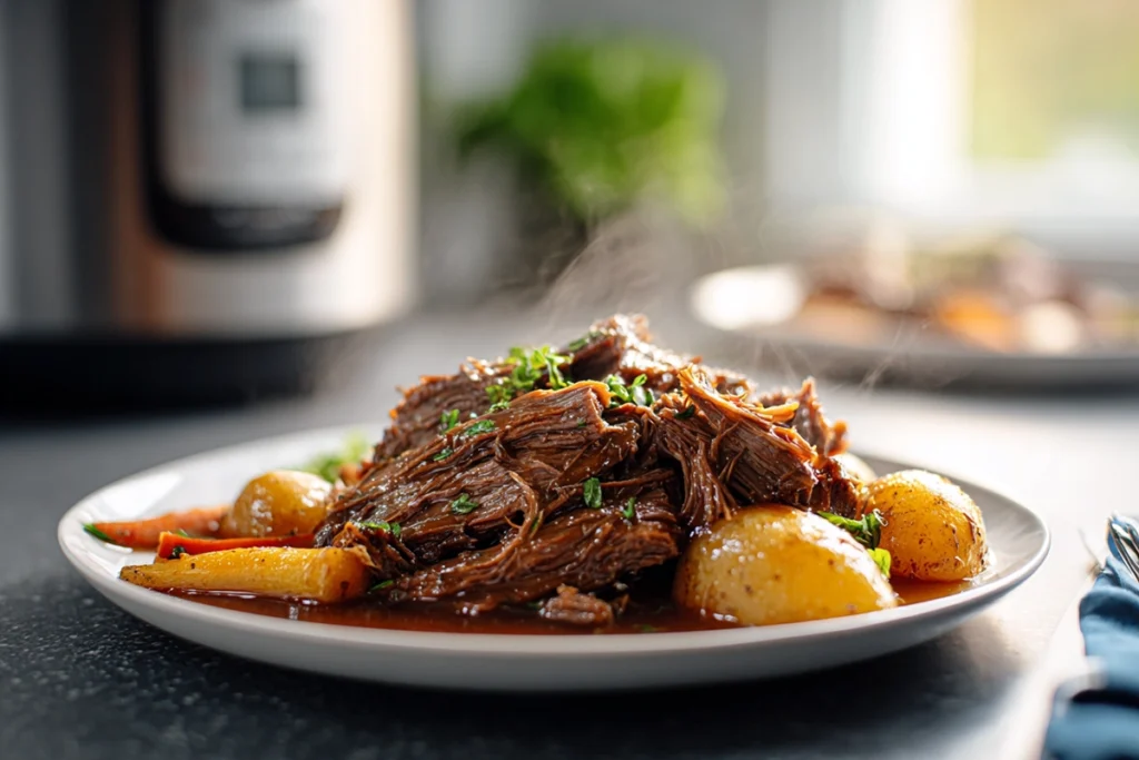 Served pot roast slow cooker recipe with tender beef and vegetables